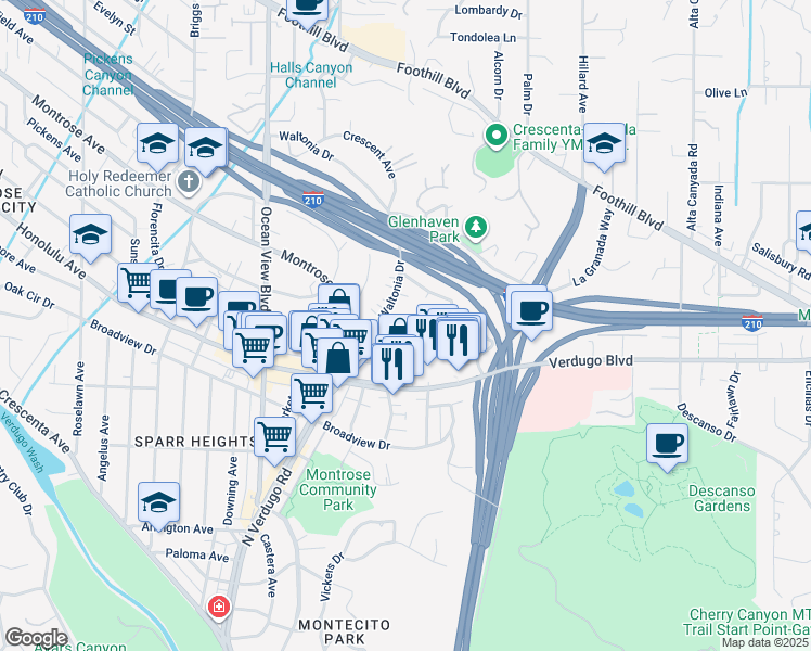map of restaurants, bars, coffee shops, grocery stores, and more near 2453 Montrose Avenue in La Crescenta-Montrose