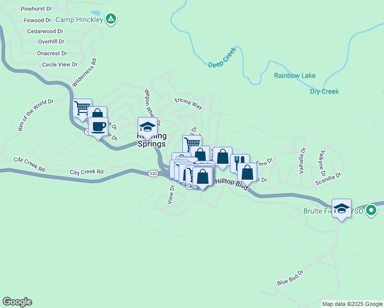 map of restaurants, bars, coffee shops, grocery stores, and more near 2568 Spring Drive in Running Springs