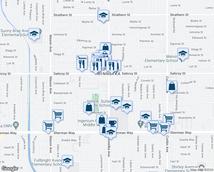 map of restaurants, bars, coffee shops, grocery stores, and more near 7515 Winnetka Avenue in Los Angeles