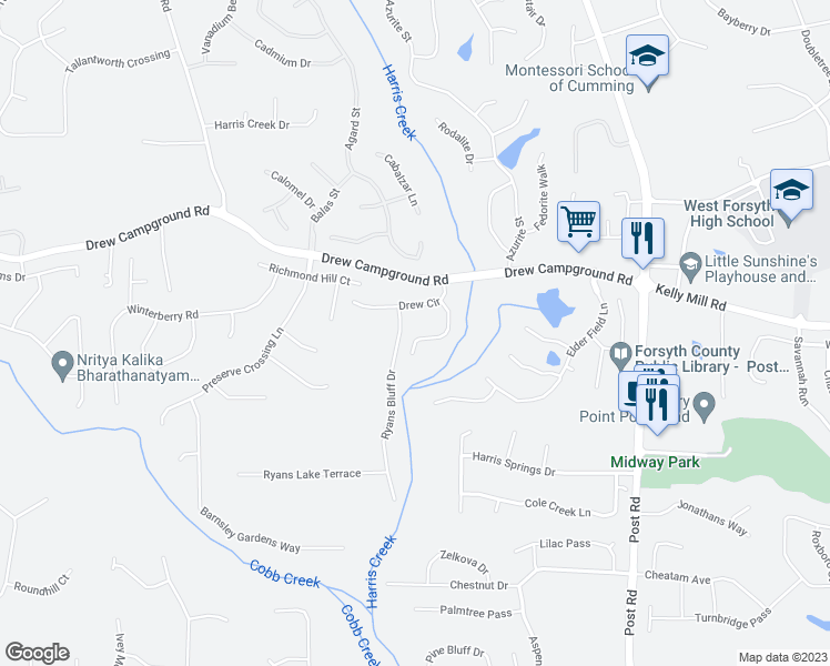 map of restaurants, bars, coffee shops, grocery stores, and more near 3710 Gadolinite Trail in Cumming