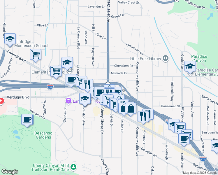 map of restaurants, bars, coffee shops, grocery stores, and more near 757 Starlight Heights Drive in La Cañada Flintridge