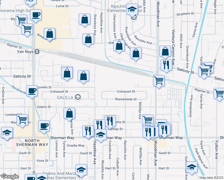 map of restaurants, bars, coffee shops, grocery stores, and more near 13955 Cohasset Street in Los Angeles