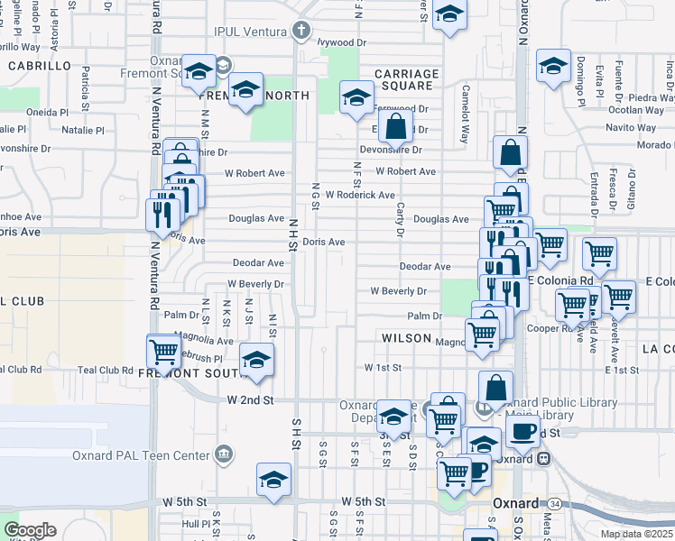 map of restaurants, bars, coffee shops, grocery stores, and more near 333 North F Street in Oxnard