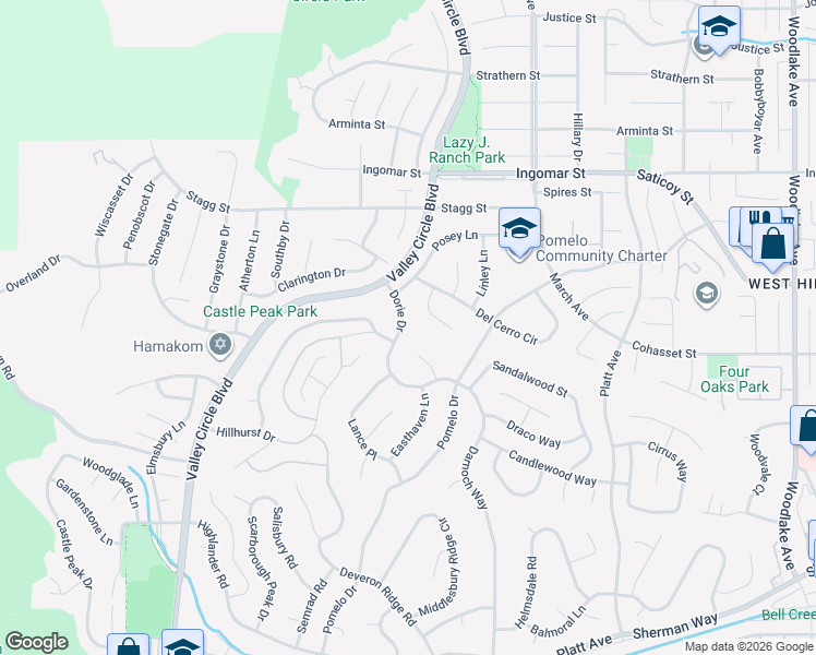 map of restaurants, bars, coffee shops, grocery stores, and more near 7432 Dorie Drive in Los Angeles