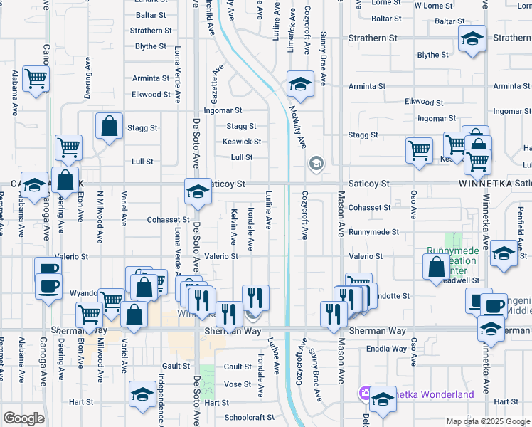 map of restaurants, bars, coffee shops, grocery stores, and more near 7513 Lurline Avenue in Los Angeles