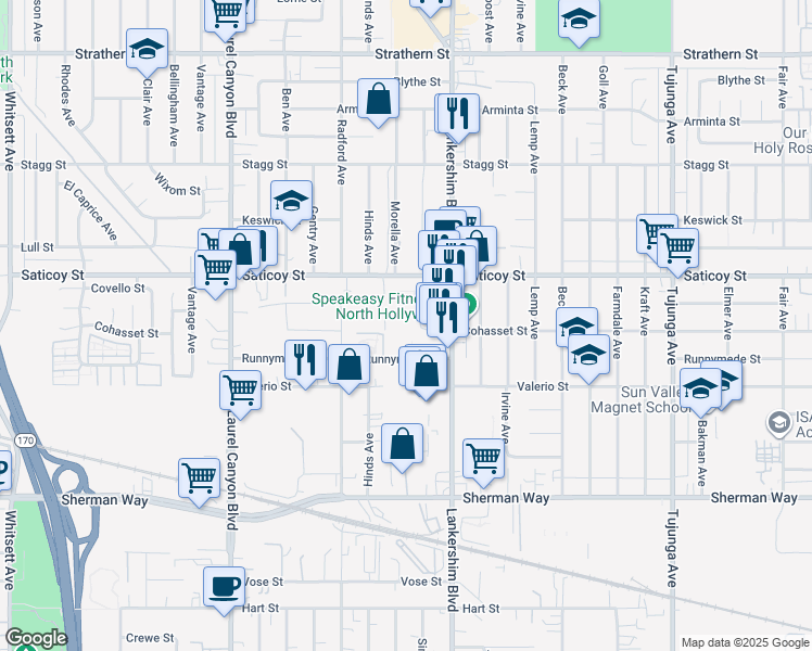 map of restaurants, bars, coffee shops, grocery stores, and more near 7507 Simpson Avenue in Los Angeles