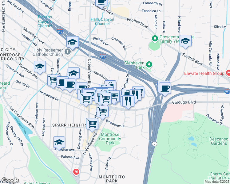 map of restaurants, bars, coffee shops, grocery stores, and more near 2119 Glenada Avenue in La Crescenta-Montrose