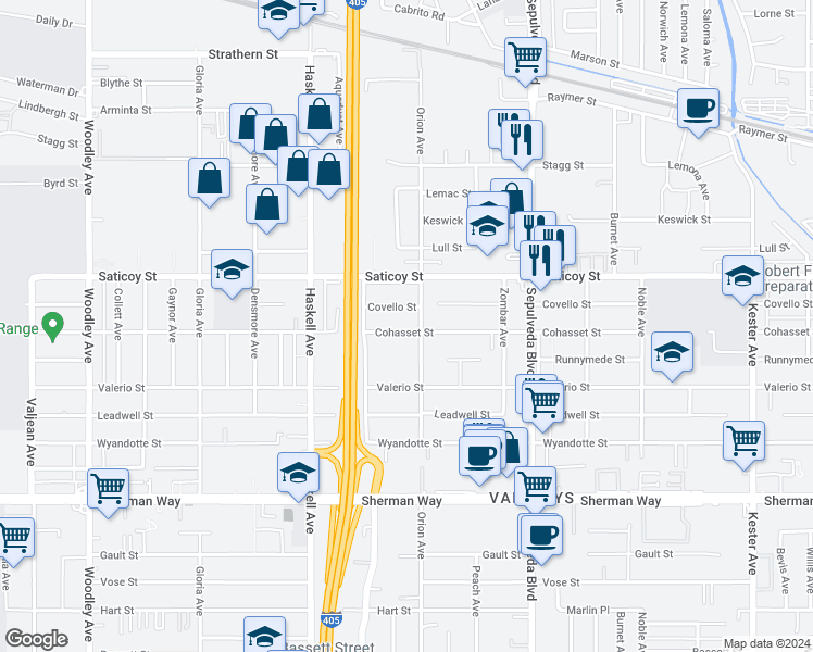 map of restaurants, bars, coffee shops, grocery stores, and more near 15513 Cohasset Street in Los Angeles