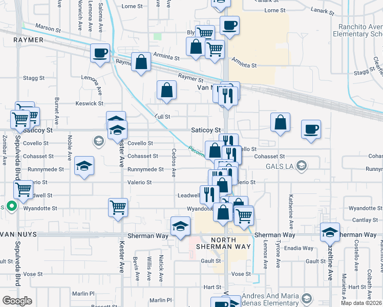 map of restaurants, bars, coffee shops, grocery stores, and more near 14625 Cohasset Street in Los Angeles