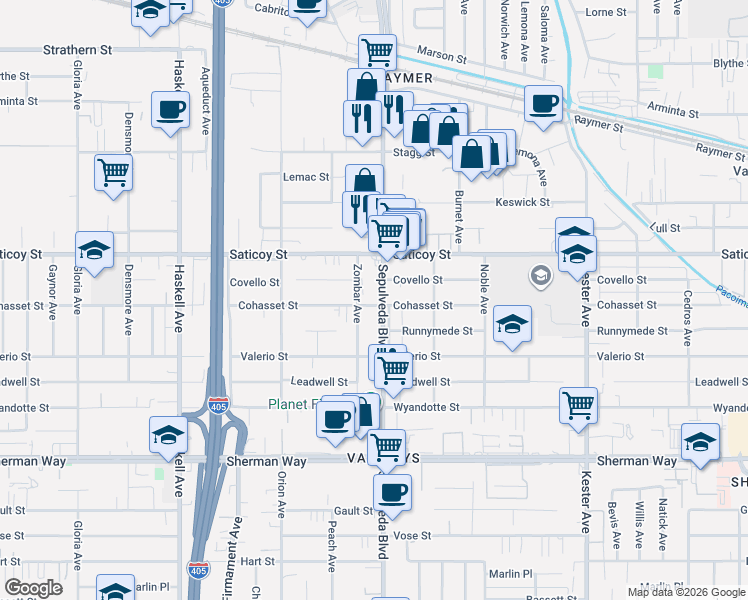 map of restaurants, bars, coffee shops, grocery stores, and more near 7507 Sepulveda Boulevard in Los Angeles