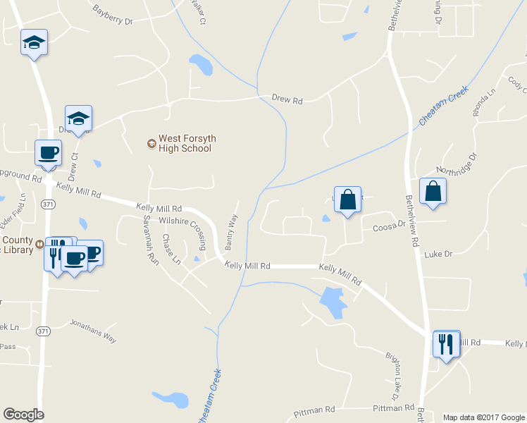 map of restaurants, bars, coffee shops, grocery stores, and more near 4815 Westgate Drive in Cumming