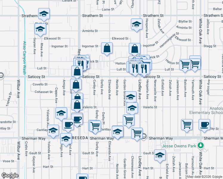 map of restaurants, bars, coffee shops, grocery stores, and more near 7510 Etiwanda Avenue in Los Angeles