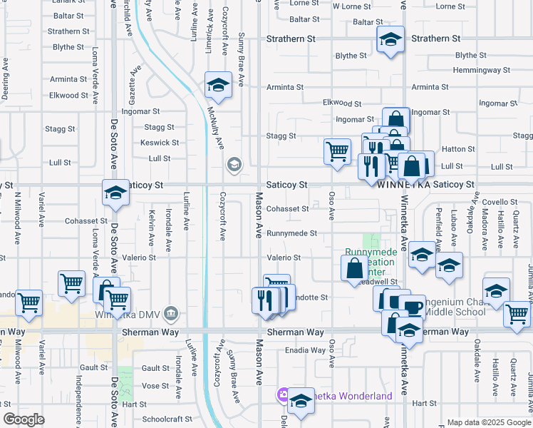 map of restaurants, bars, coffee shops, grocery stores, and more near 20456 Saticoy Street in Los Angeles
