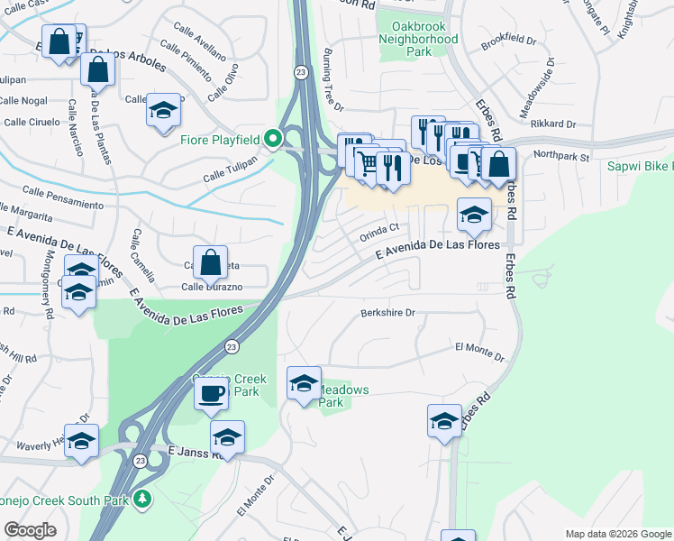 map of restaurants, bars, coffee shops, grocery stores, and more near 1691 Orinda Court in Thousand Oaks