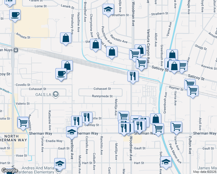 map of restaurants, bars, coffee shops, grocery stores, and more near 13831 Cohasset Street in Los Angeles