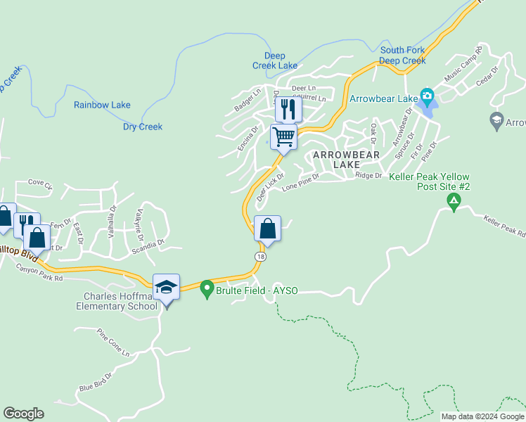 map of restaurants, bars, coffee shops, grocery stores, and more near 32803 Deer Lick Drive in Running Springs