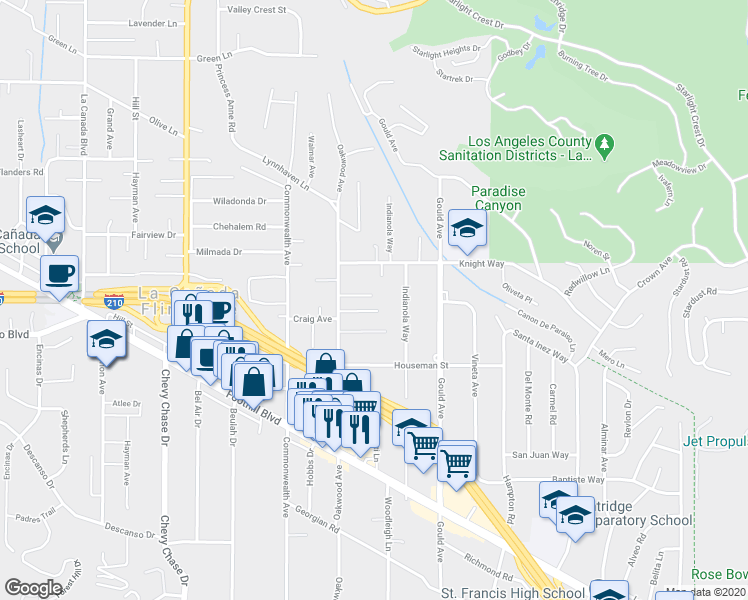 map of restaurants, bars, coffee shops, grocery stores, and more near 616 Groveview Lane in La Cañada Flintridge