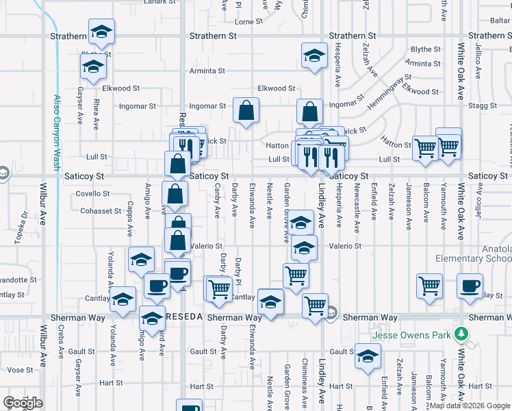 map of restaurants, bars, coffee shops, grocery stores, and more near 7510 Etiwanda Avenue in Los Angeles