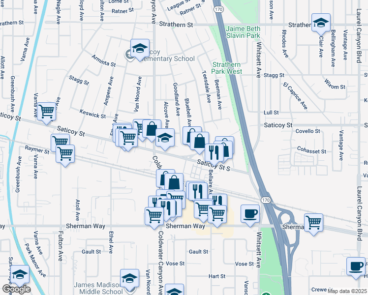 map of restaurants, bars, coffee shops, grocery stores, and more near 12768 Cohasset Street in Los Angeles