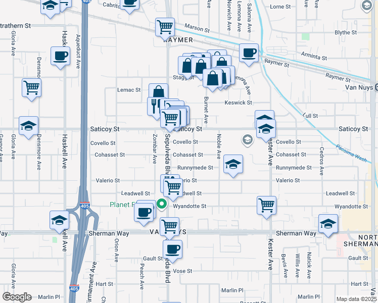 map of restaurants, bars, coffee shops, grocery stores, and more near 15204 Covello Street in Los Angeles