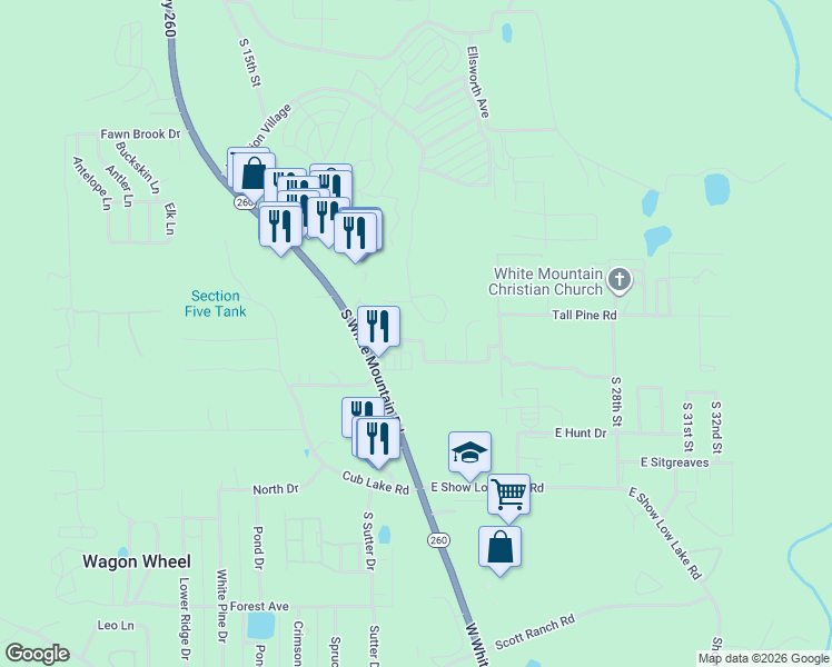 map of restaurants, bars, coffee shops, grocery stores, and more near 2150 Evergreen Lane in Show Low
