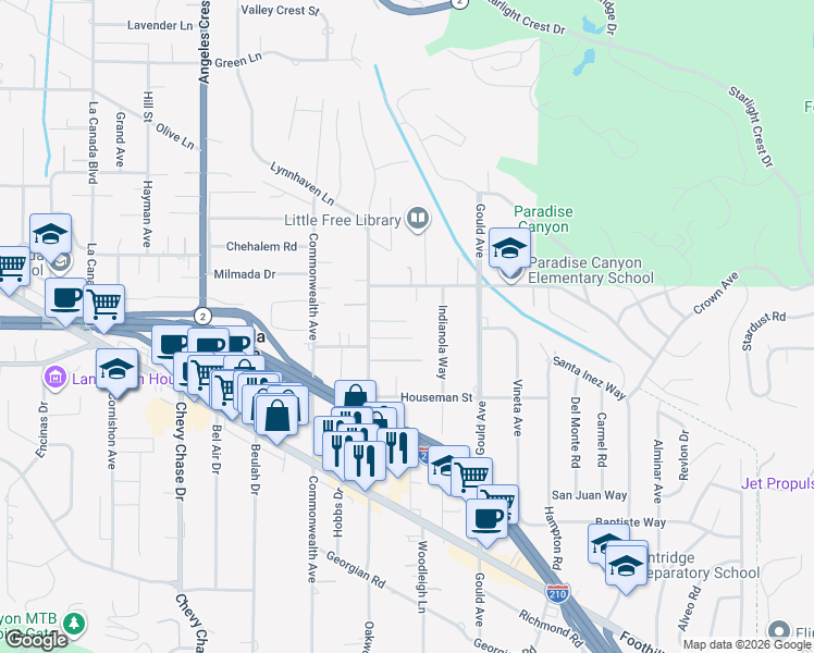 map of restaurants, bars, coffee shops, grocery stores, and more near 616 Groveview Lane in La Cañada Flintridge