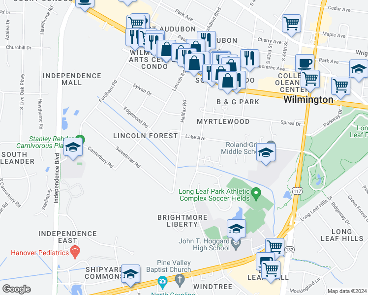 map of restaurants, bars, coffee shops, grocery stores, and more near 4013 Halifax Road in Wilmington