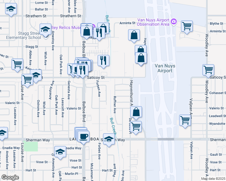 map of restaurants, bars, coffee shops, grocery stores, and more near 7535 Ruffner Avenue in Los Angeles