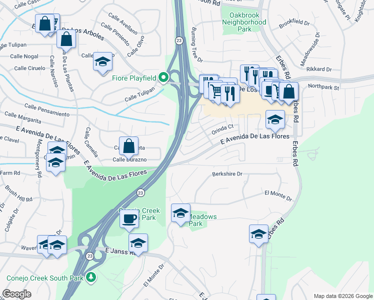 map of restaurants, bars, coffee shops, grocery stores, and more near 1656 Orinda Court in Thousand Oaks