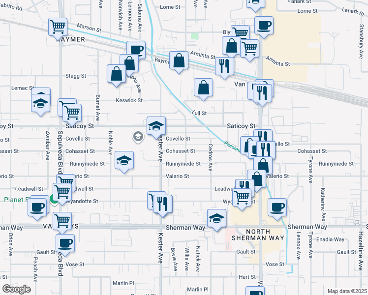 map of restaurants, bars, coffee shops, grocery stores, and more near 14776 Covello Street in Los Angeles