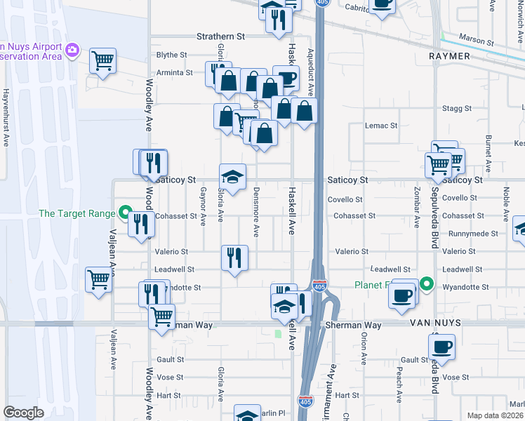 map of restaurants, bars, coffee shops, grocery stores, and more near 15753 Cohasset Street in Los Angeles