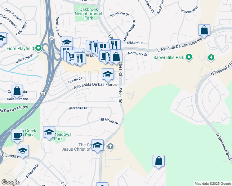 map of restaurants, bars, coffee shops, grocery stores, and more near 2100 East Avenida De Las Flores in Thousand Oaks