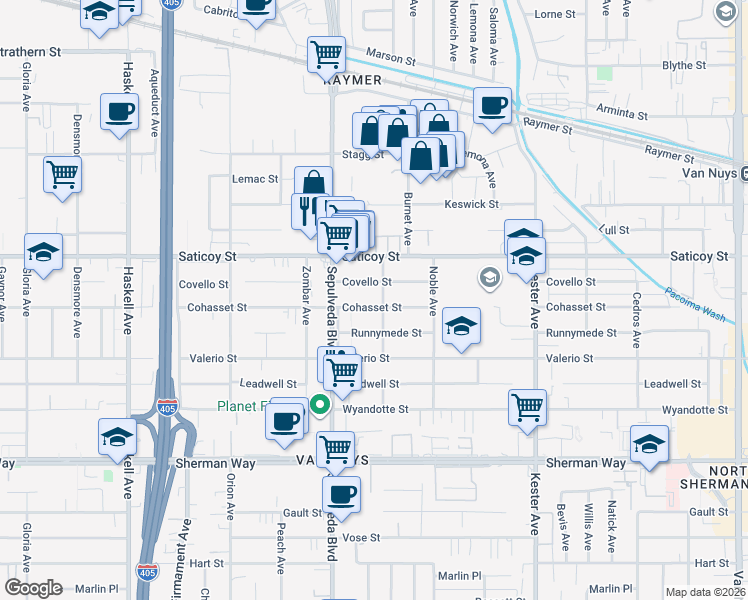 map of restaurants, bars, coffee shops, grocery stores, and more near 15209 Cohasset Street in Los Angeles