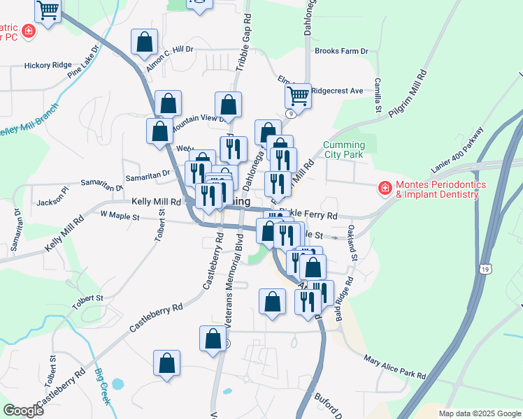 map of restaurants, bars, coffee shops, grocery stores, and more near Mason Street in Cumming