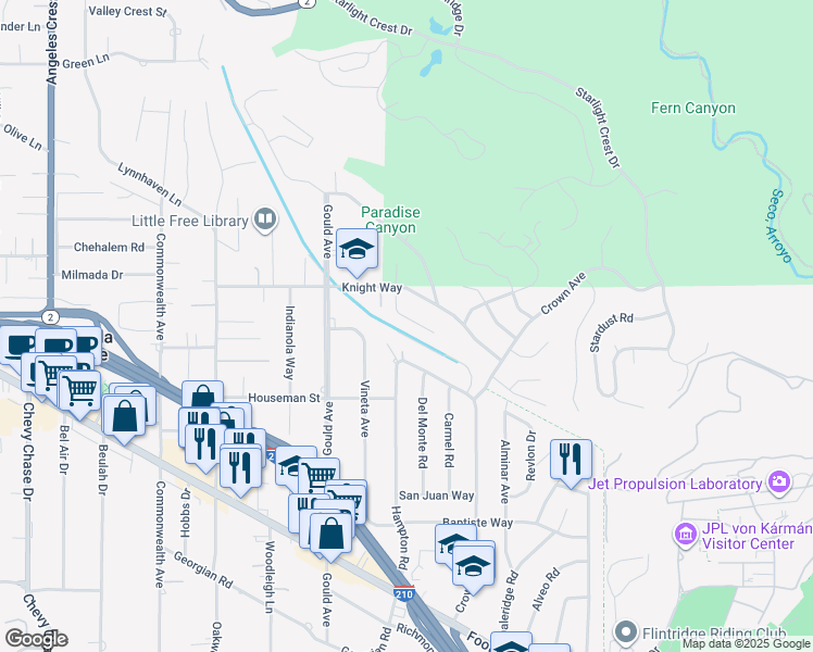 map of restaurants, bars, coffee shops, grocery stores, and more near 432 Oliveta Place in La Cañada Flintridge