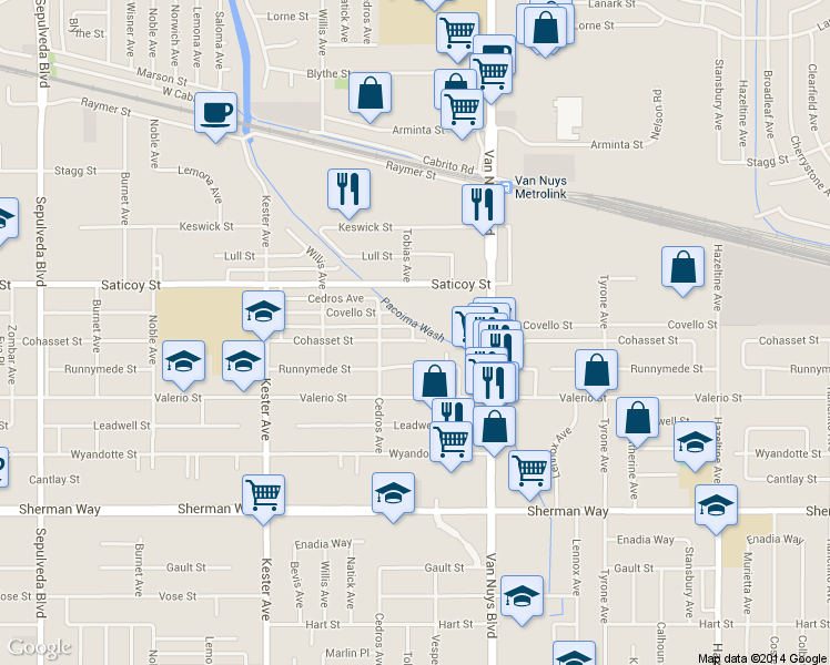 map of restaurants, bars, coffee shops, grocery stores, and more near 14625 Cohasset Street in Los Angeles