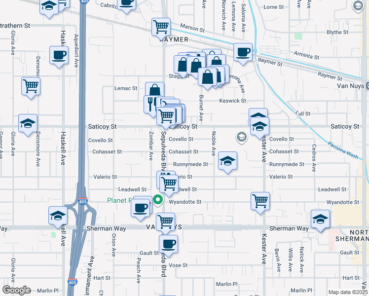 map of restaurants, bars, coffee shops, grocery stores, and more near 15204 Covello Street in Los Angeles