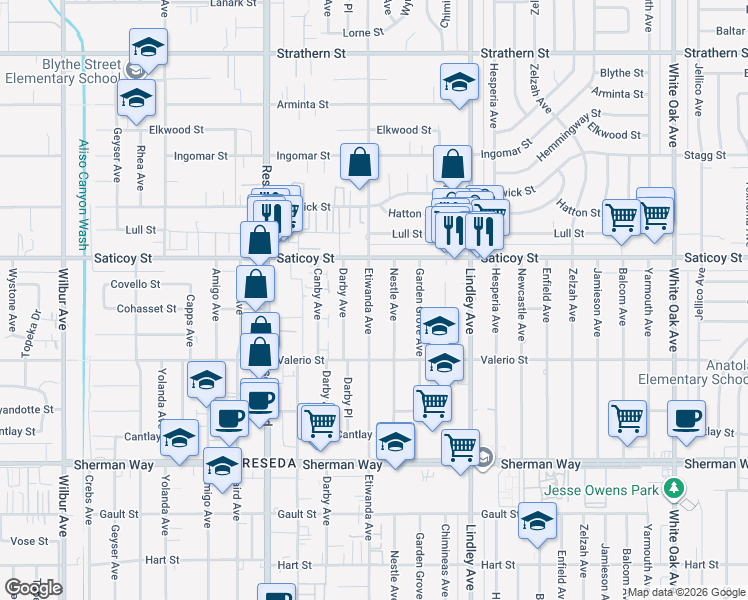 map of restaurants, bars, coffee shops, grocery stores, and more near 7536 Etiwanda Avenue in Los Angeles