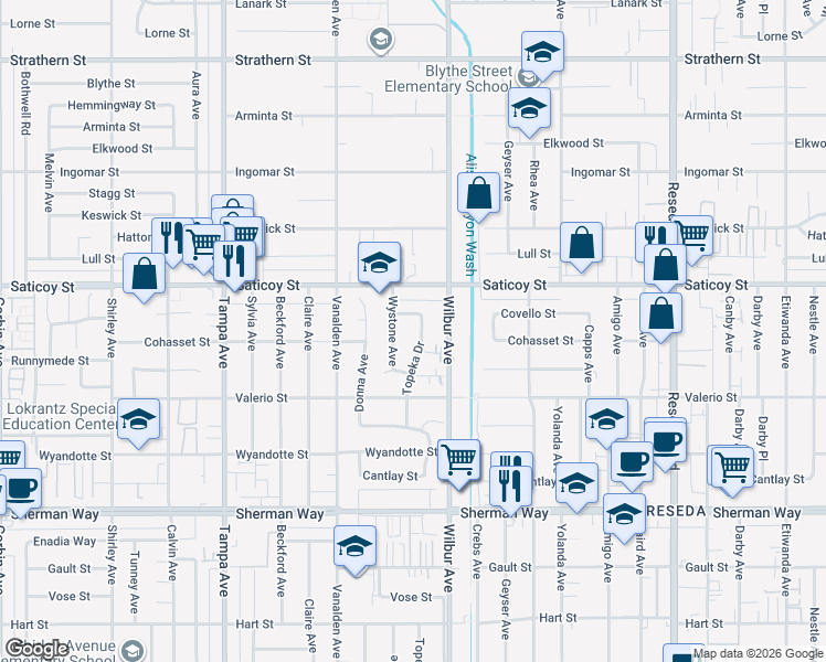 map of restaurants, bars, coffee shops, grocery stores, and more near 18948 Covello Street in Los Angeles