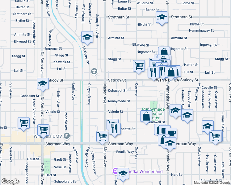 map of restaurants, bars, coffee shops, grocery stores, and more near 20414 Saticoy Street in Los Angeles