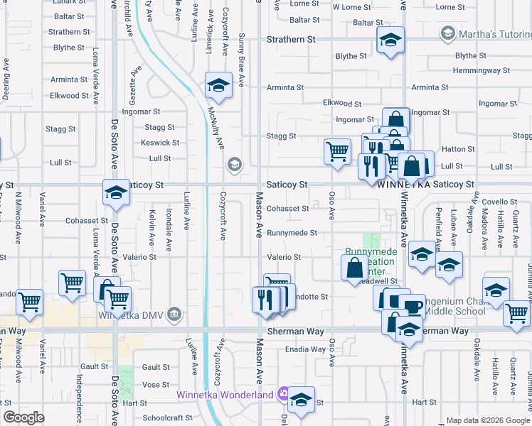 map of restaurants, bars, coffee shops, grocery stores, and more near 20456 Saticoy Street in Los Angeles