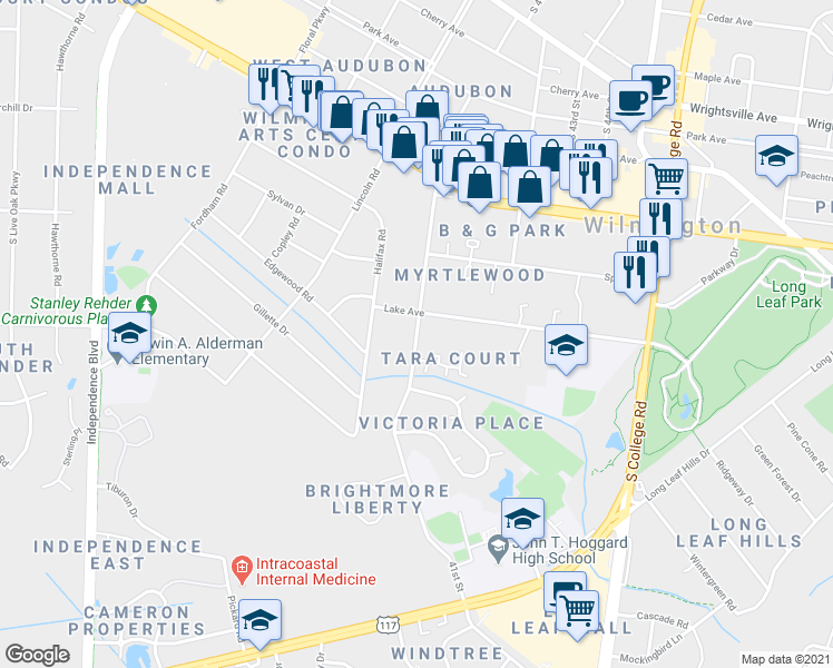 map of restaurants, bars, coffee shops, grocery stores, and more near 4018 Lake Avenue in Wilmington