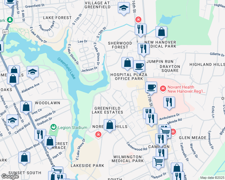 map of restaurants, bars, coffee shops, grocery stores, and more near 2035 East Lake Shore Drive in Wilmington