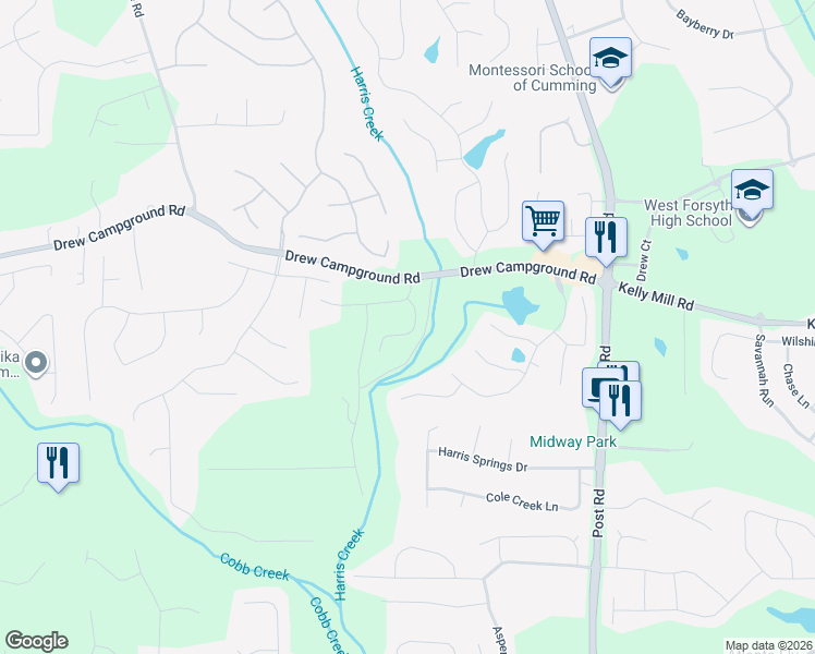 map of restaurants, bars, coffee shops, grocery stores, and more near 3620 Gadolinite Trail in Cumming