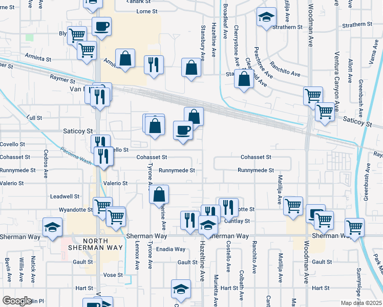 map of restaurants, bars, coffee shops, grocery stores, and more near 14147 Covello Street in Los Angeles