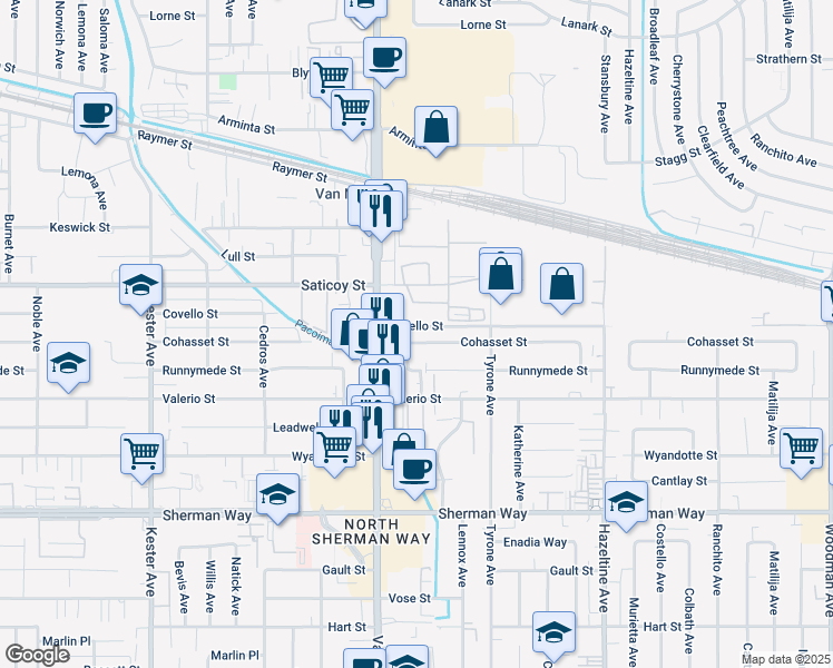 map of restaurants, bars, coffee shops, grocery stores, and more near 14427 Cohasset Street in Los Angeles