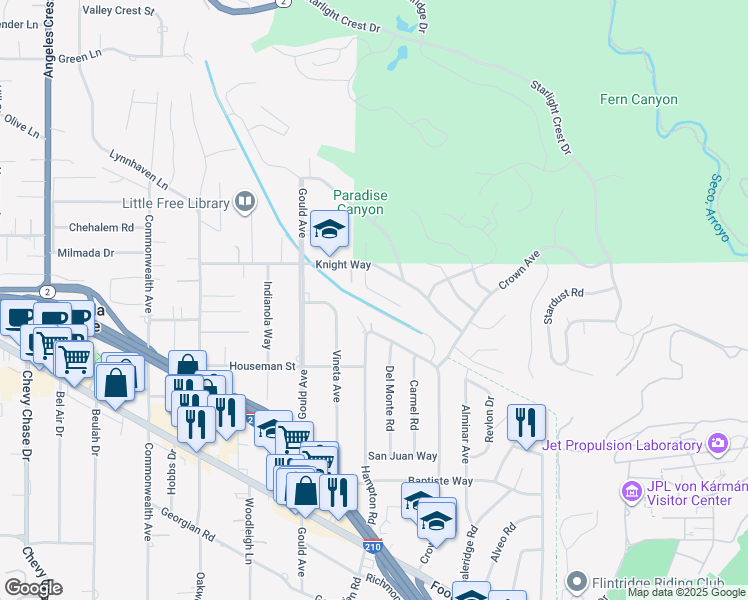 map of restaurants, bars, coffee shops, grocery stores, and more near 432 Oliveta Place in La Cañada Flintridge