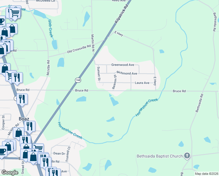 map of restaurants, bars, coffee shops, grocery stores, and more near 364 Laura Avenue in Boaz