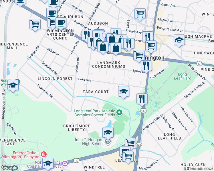 map of restaurants, bars, coffee shops, grocery stores, and more near 4172 Lake Avenue in Wilmington