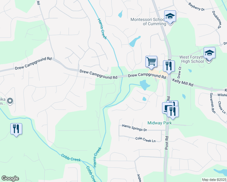 map of restaurants, bars, coffee shops, grocery stores, and more near 3620 Gadolinite Trail in Cumming